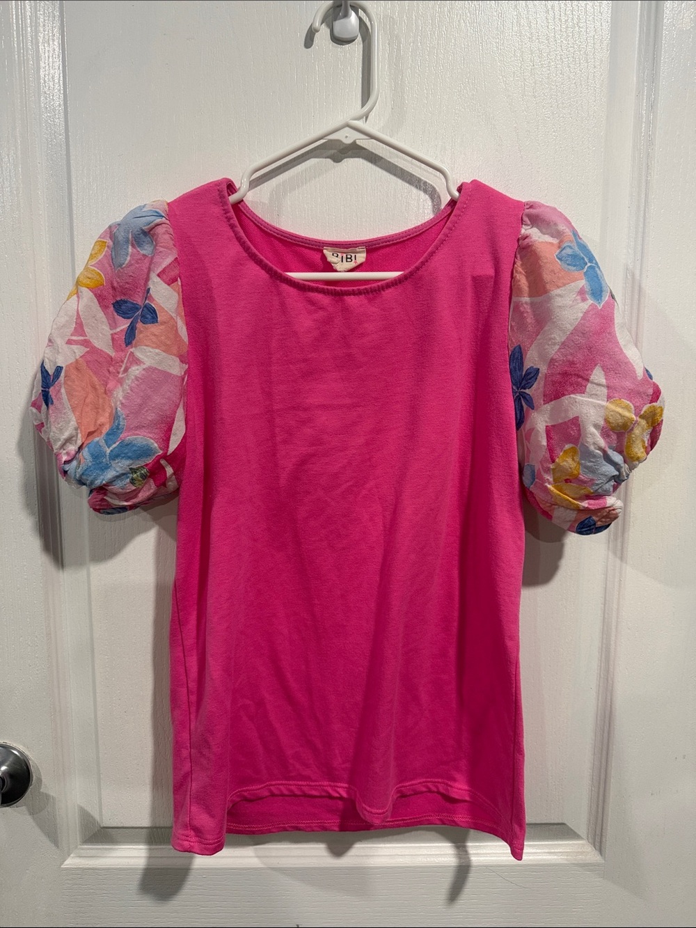 BiBi Bright Pink Tee with Floral Puff Sleeves